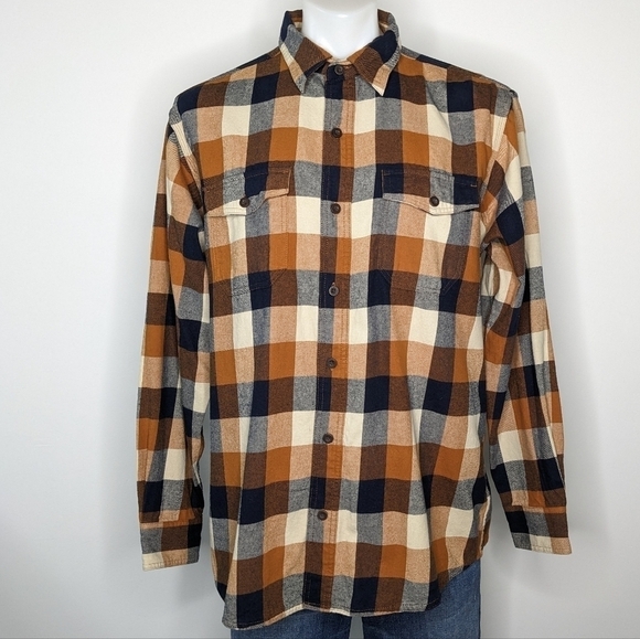 ✨3/$15 Red Head orange blue cream plaid flannel 100% cotton button up L - Picture 1 of 8